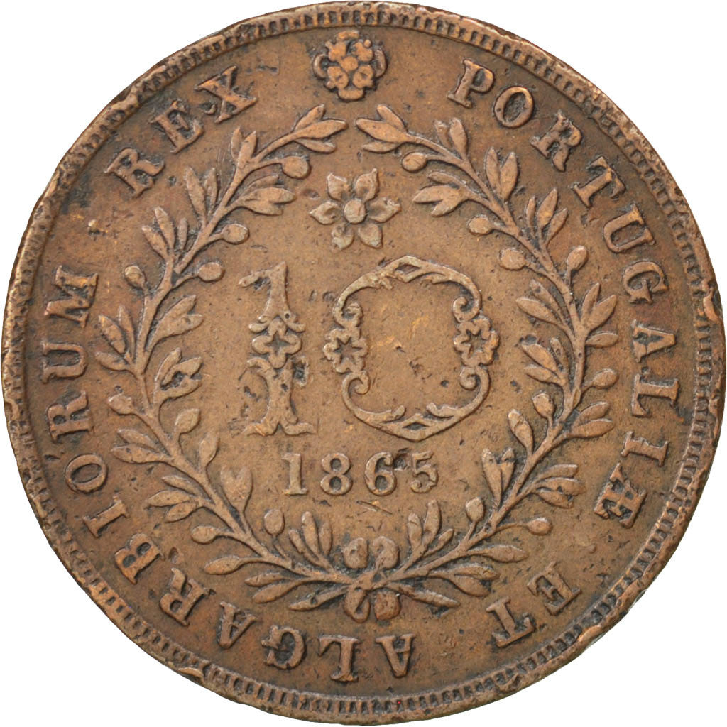 AZORES, 10 Reis, 1865, KM #14, VF(30-35), Copper, 6.35