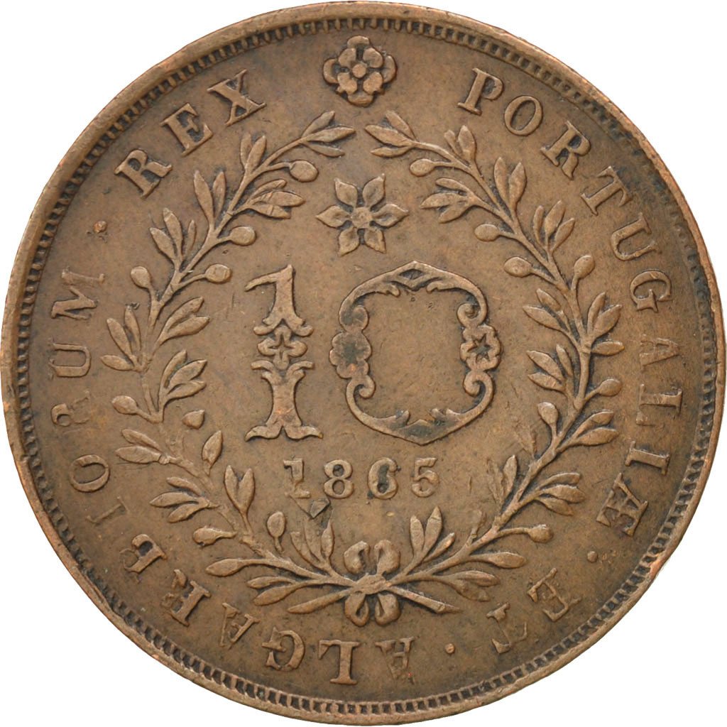 AZORES, 10 Reis, 1865, KM #14, EF(40-45), Copper, 5.93