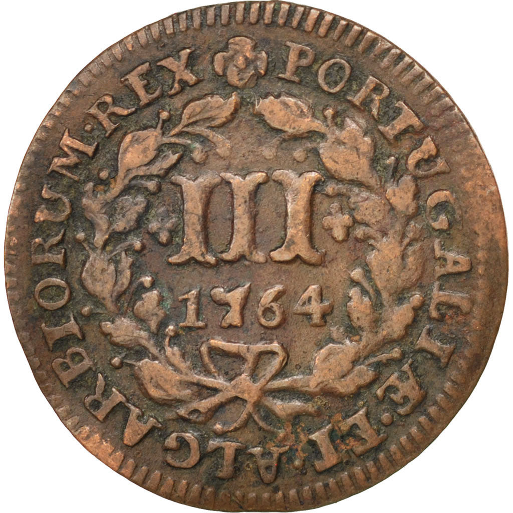 PORTUGAL, 3 Reis, III, 1764, KM #241.1, EF(40-45), Copper, 3.31