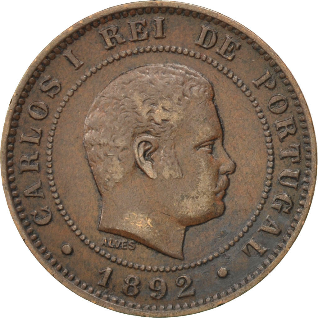 PORTUGAL, 10 Reis, 1892, Portugal Mint, KM #532, EF(40-45), Bronze, 6.01