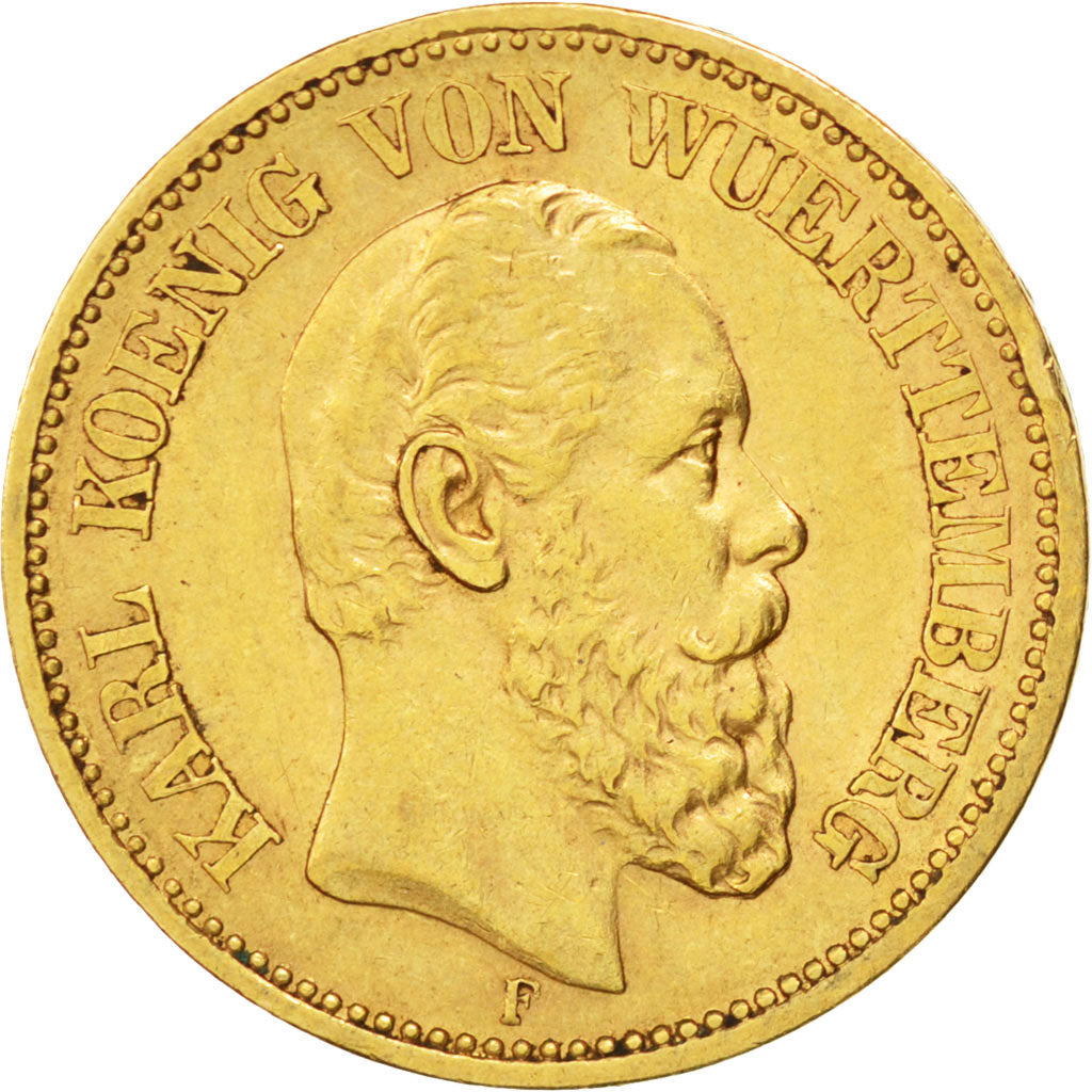 GERMAN STATES, 20 Mark, 1876, Freudenstadt, KM #625, AU(55-58), Gold, 7.94