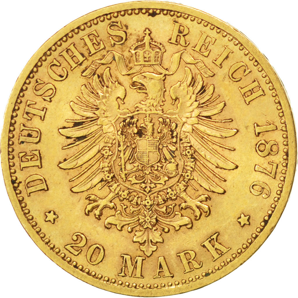GERMAN STATES, 20 Mark, 1876, Freudenstadt, KM #625, AU(55-58), Gold, 7.94