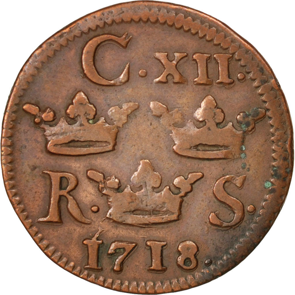 SWEDEN, 1/6 Ore, S.M., 1718, KM #334, EF(40-45), Copper, 2.91