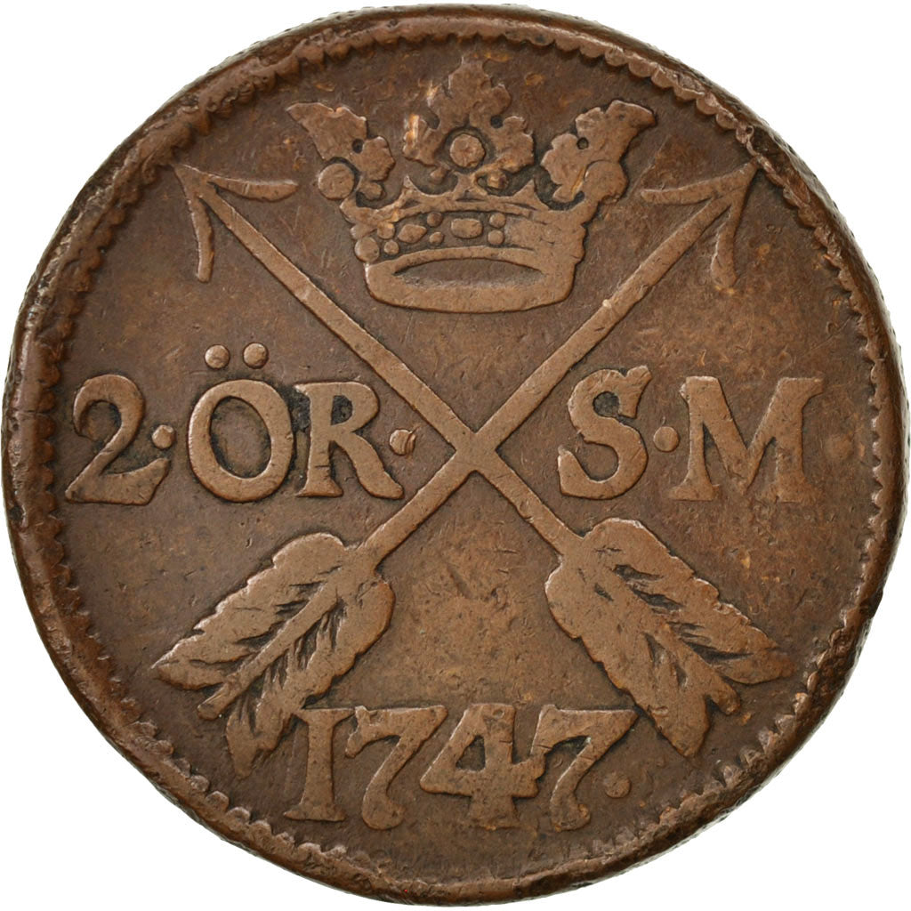 Coin, Sweden, Frederick I, 2 Ore, S.M., 1747, VF(30-35), Copper, KM:437