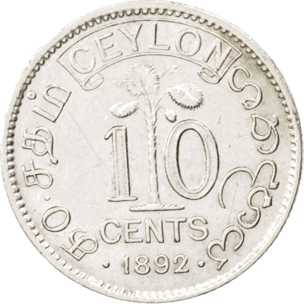 CEYLON, 10 Cents, 1892, KM #94, AU(50-53), Silver, 1.15