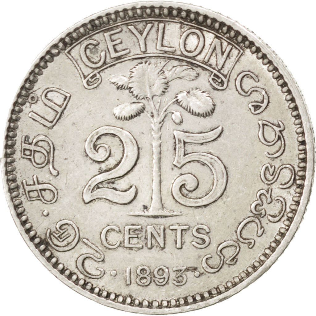 CEYLON, 25 Cents, 1893, KM #95, AU(55-58), Silver, 2.90