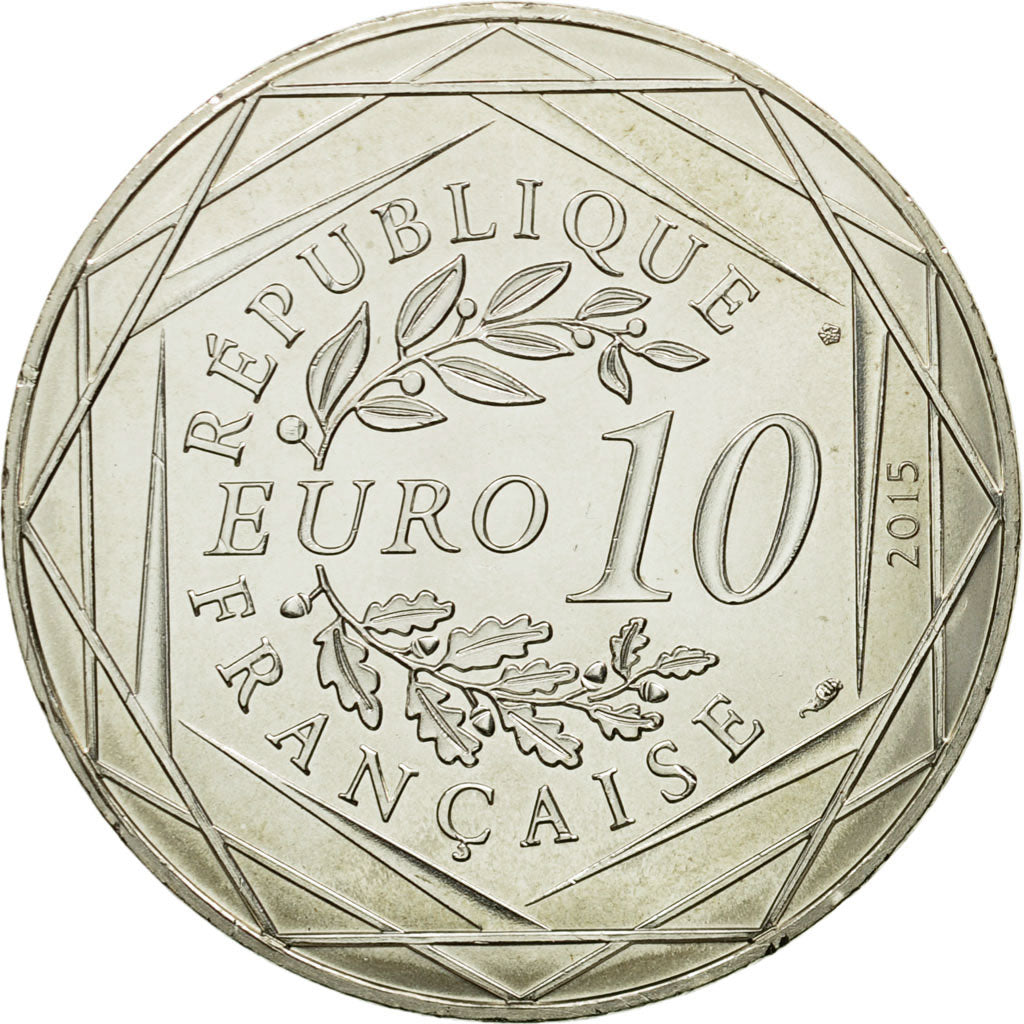 France, 10 Euro, Liberté Astérix Flamme, 2015, MS(64), Silver
