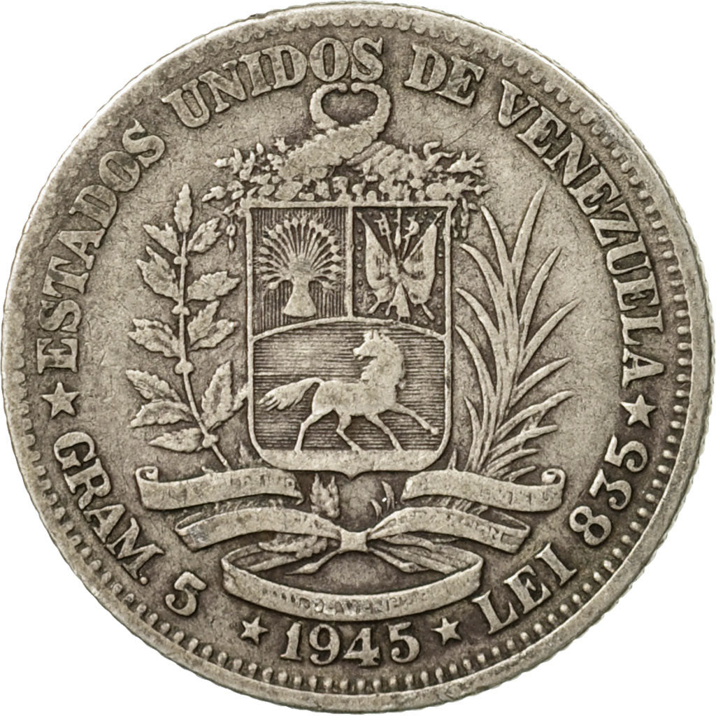 Coin, Venezuela, Gram 5, Bolivar, 1945, Philadelphia, VF(30-35), Silver, KM:22a