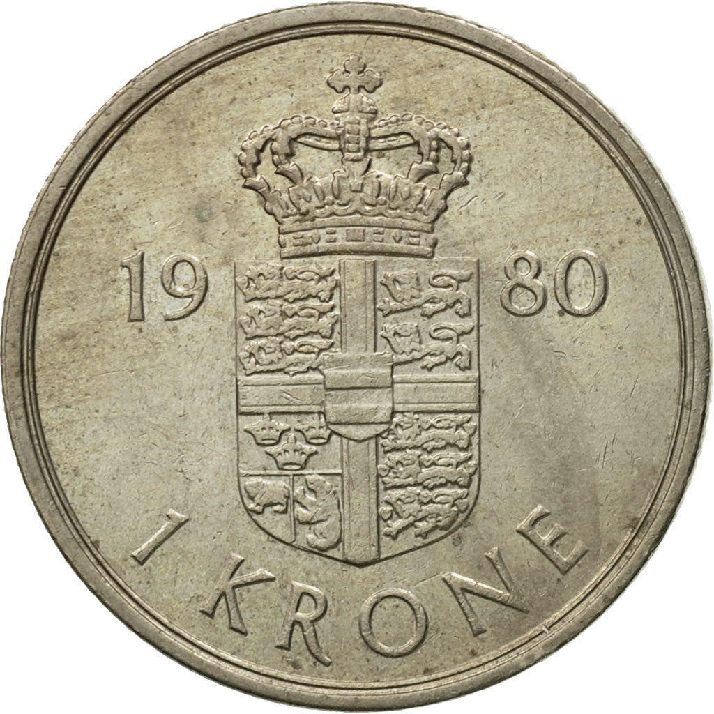 Coin, Denmark, Margrethe II, Krone, 1980, Copenhagen, AU(50-53), Copper-nickel