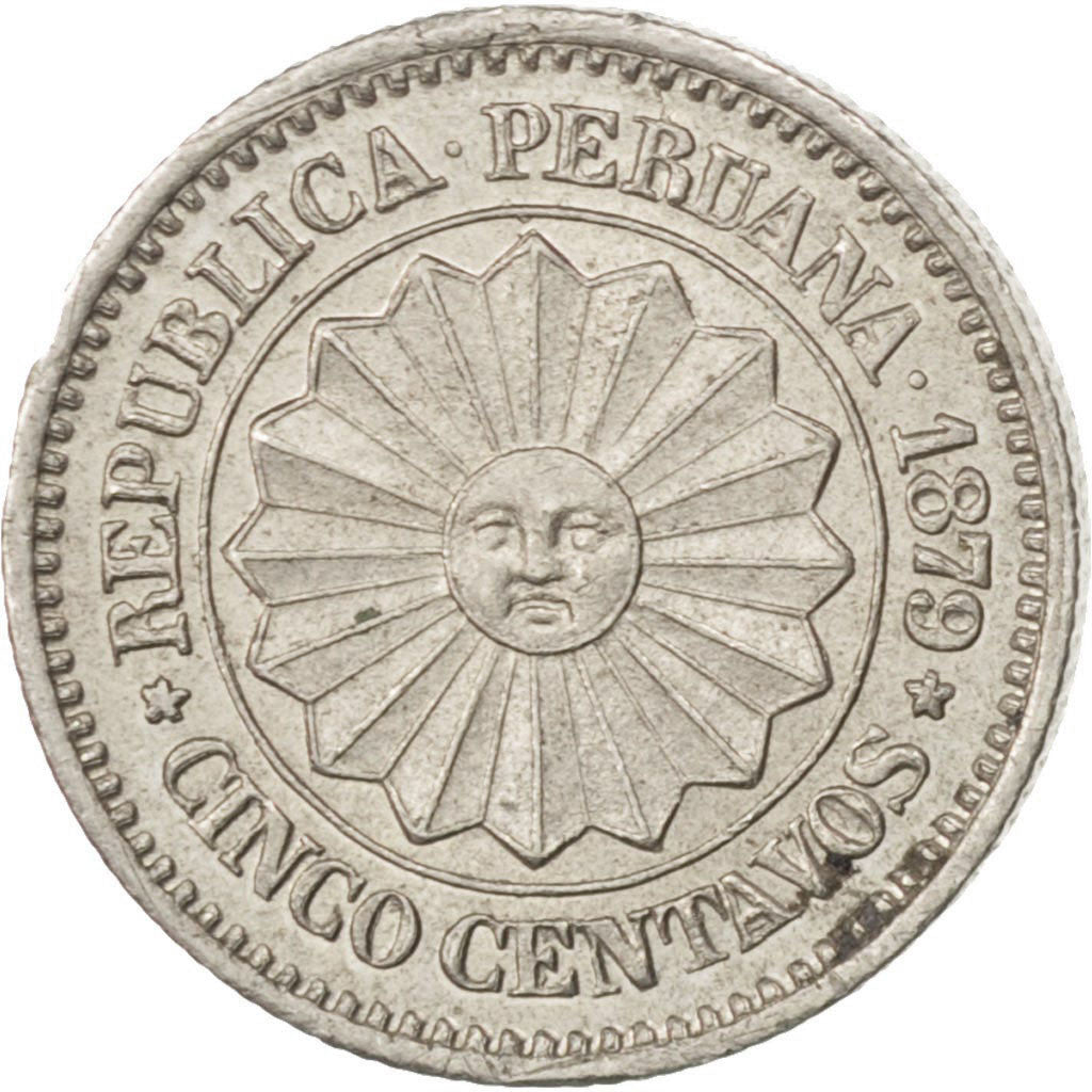 PERU, 5 Centavos, 1879, Lima, KM #197, MS(60-62), Copper-Nickel, 2.39