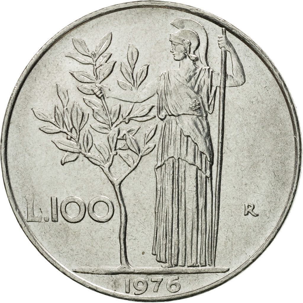 Coin, Italy, 100 Lire, 1976, Rome, AU(55-58), Stainless Steel, KM:96.1