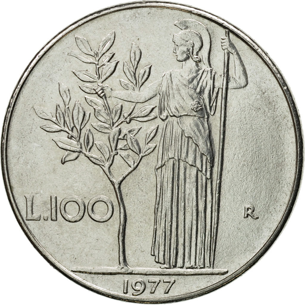Coin, Italy, 100 Lire, 1977, Rome, AU(55-58), Stainless Steel, KM:96.1