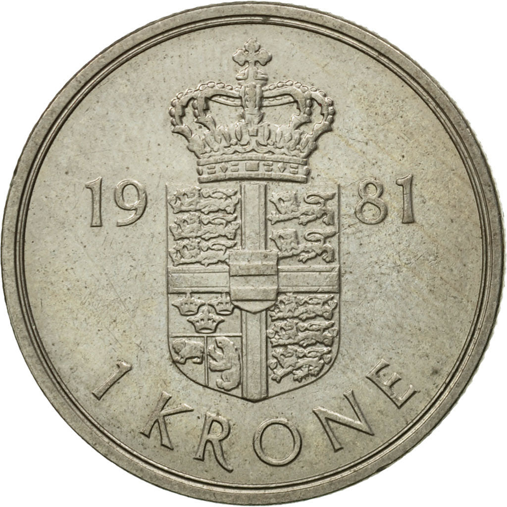 Coin, Denmark, Margrethe II, Krone, 1981, Copenhagen, AU(55-58), Copper-nickel