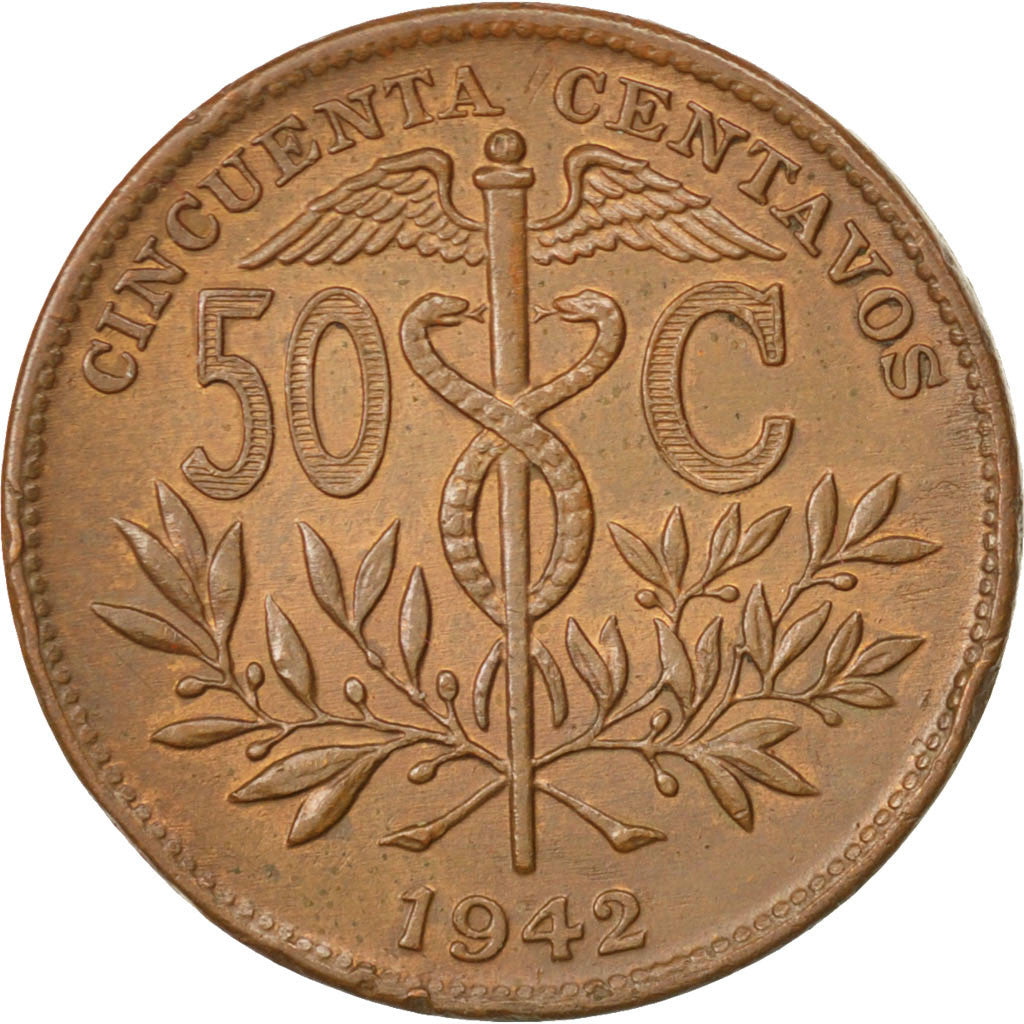 BOLIVIA, 50 Centavos, 1/2 Boliviano, 1942, KM #182a.1, MS(63), Bronze, 24.6,...