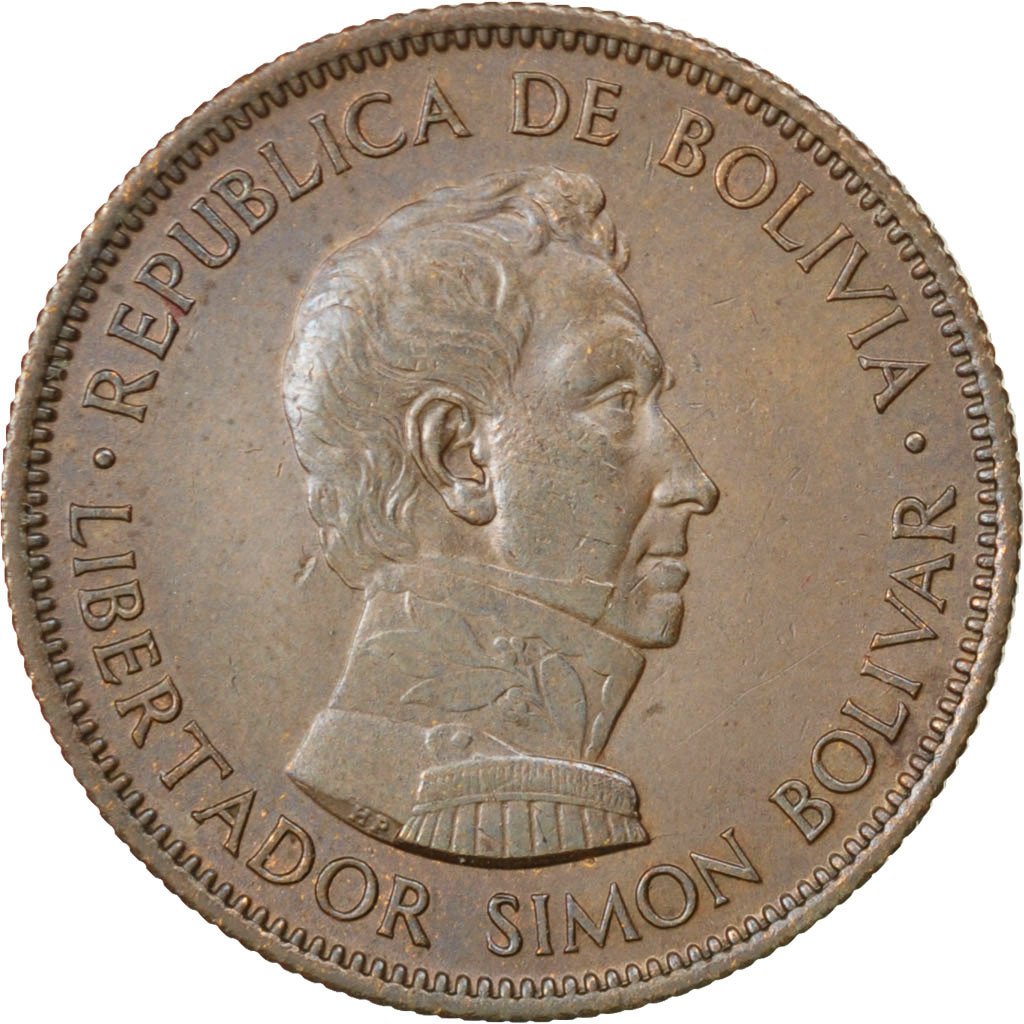 BOLIVIA, 10 Bolivianos, 1 Bolivar, 1951, KM #186, AU(55-58), Bronze, 26.5, 7.08