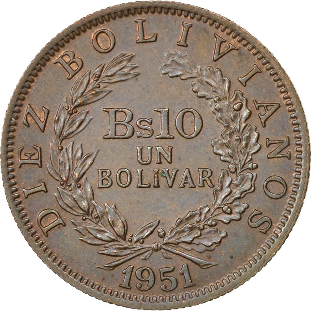 BOLIVIA, 10 Bolivianos, 1 Bolivar, 1951, KM #186, AU(55-58), Bronze, 26.5, 7.08