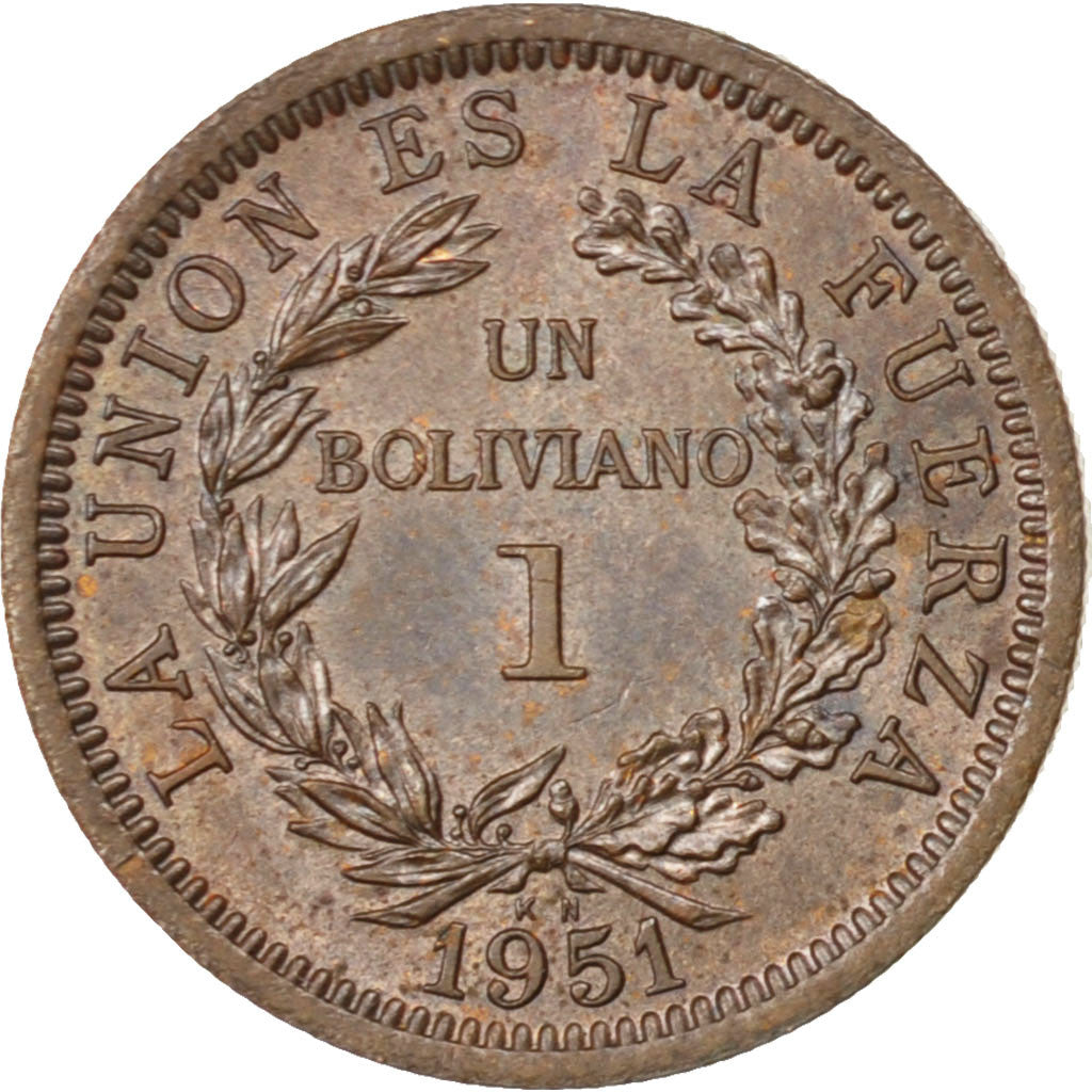 BOLIVIA, Boliviano, 1951, KM #184, MS(63), Bronze, 18, 3.00