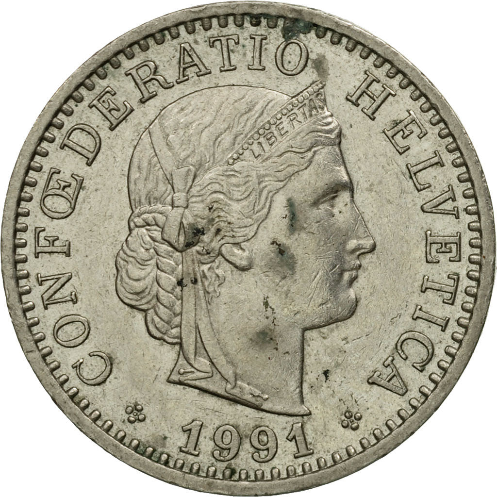 Coin, Switzerland, 20 Rappen, 1991, Bern, EF(40-45), Copper-nickel, KM:29a