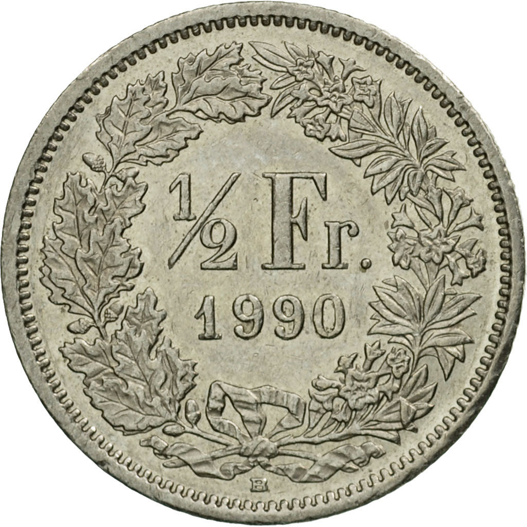 Münze, Schweiz, 1/2 Franc, 1990, Bern, VZ, Copper-nickel, KM:23a.3