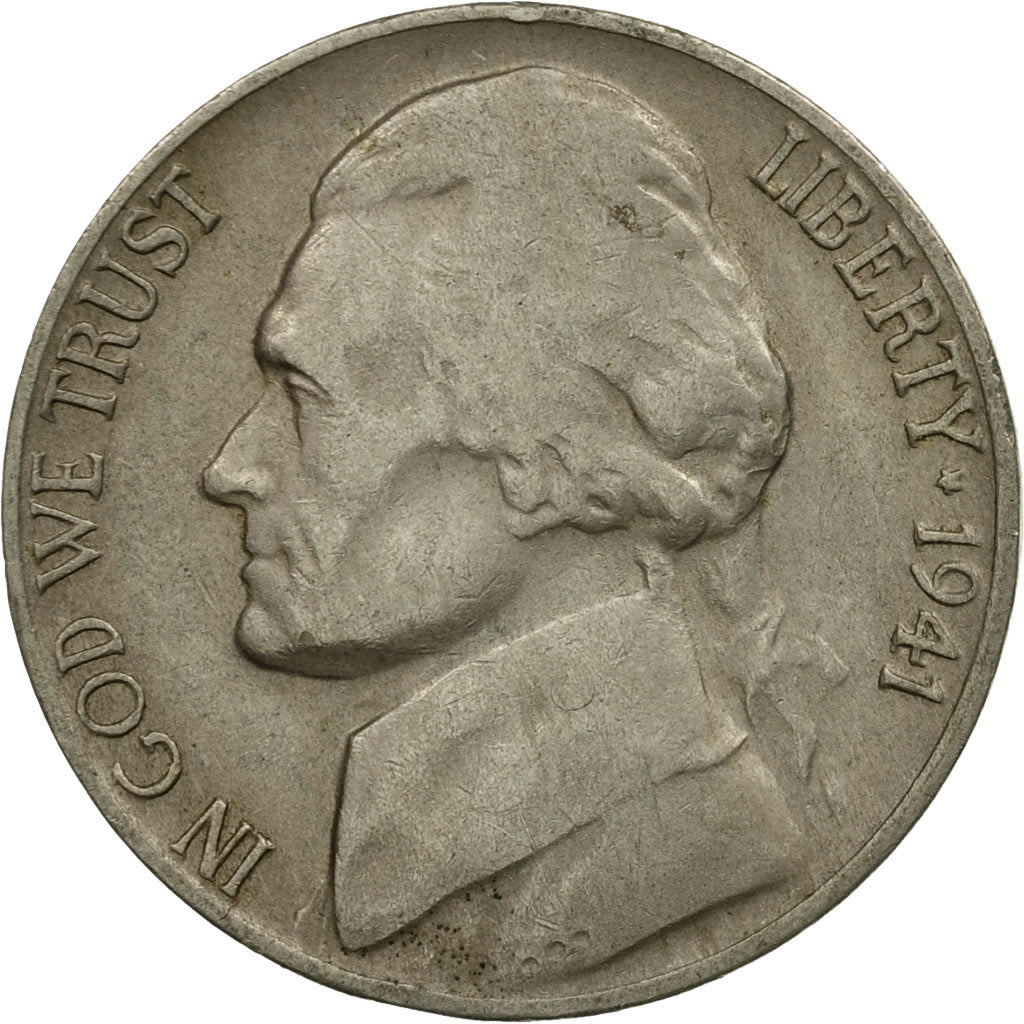 Coin, United States, Jefferson Nickel, 5 Cents, 1941, U.S. Mint, Denver