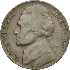 Coin, United States, Jefferson Nickel, 5 Cents, 1941, U.S. Mint, Denver