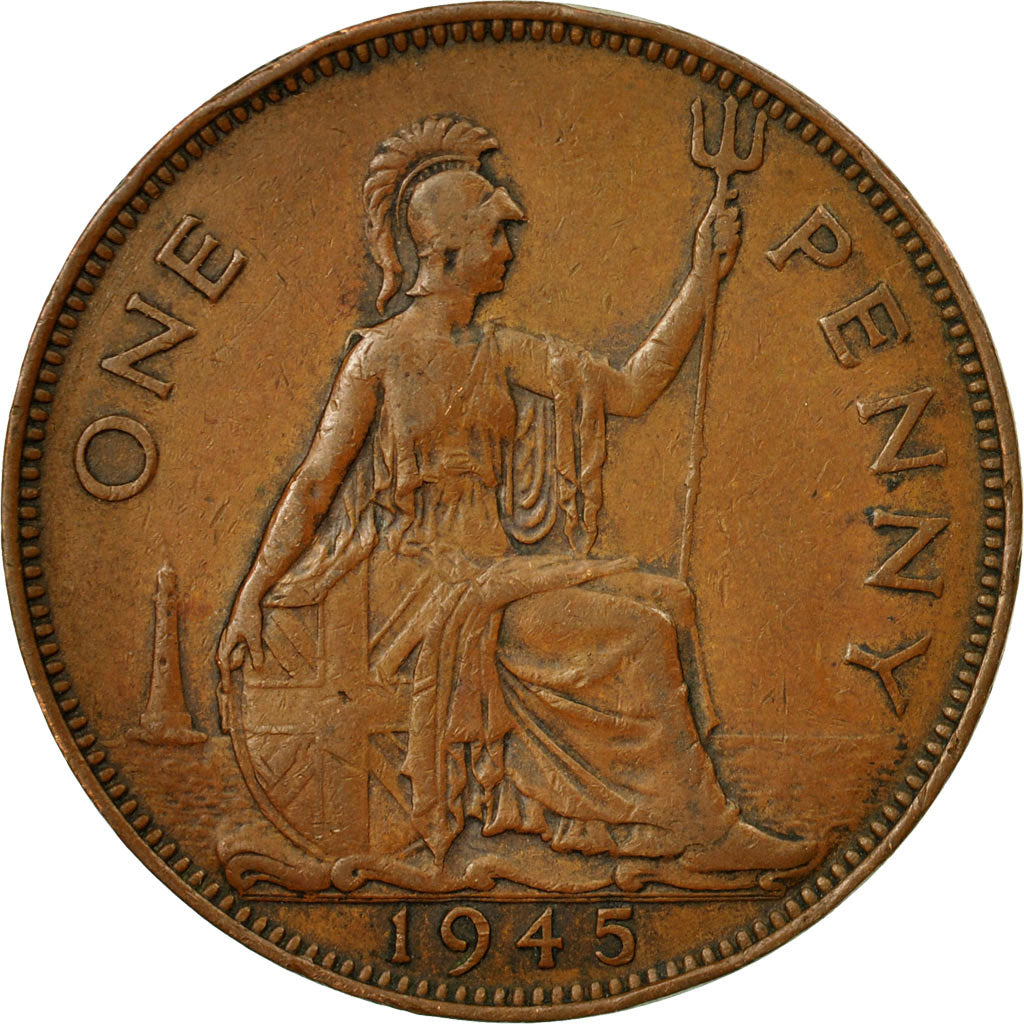 Moneda, Gran Bretaña, George VI, Penny, 1945, BC+, Bronce, KM:845