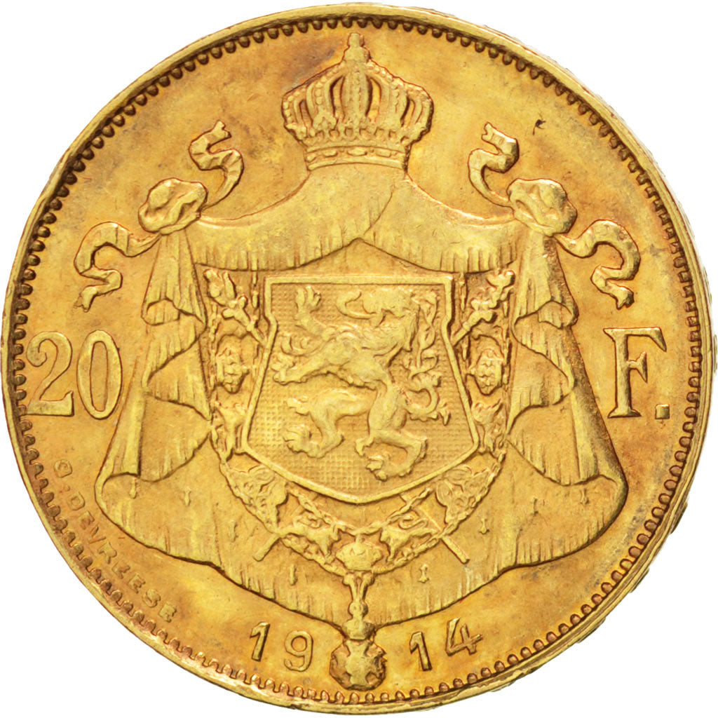 BELGIUM, 20 Francs, 20 Frank, 1914, KM #79, AU(50-53), Gold, 6.45