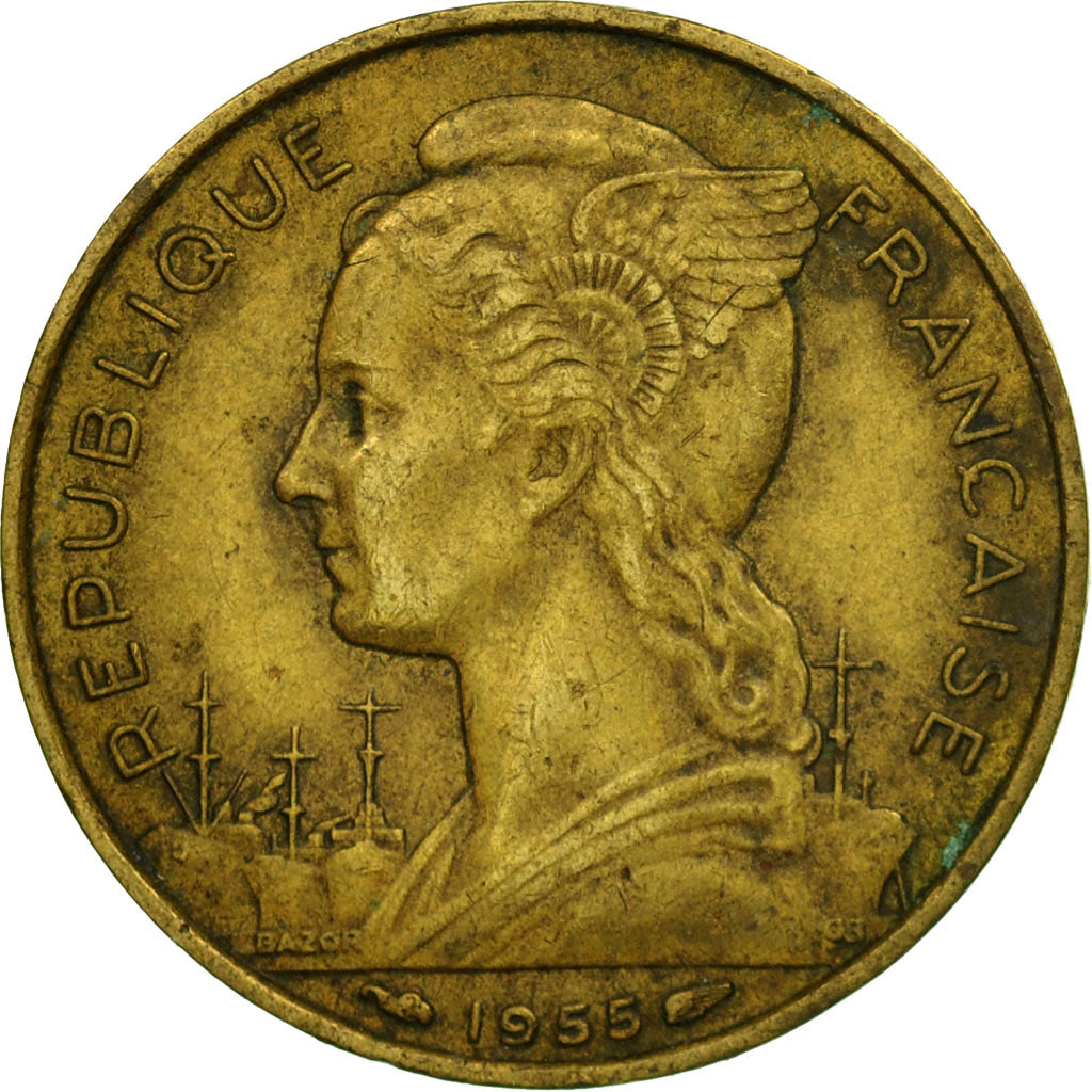 Coin, Réunion, 20 Francs, 1955, EF(40-45), Aluminum-Bronze, KM:11