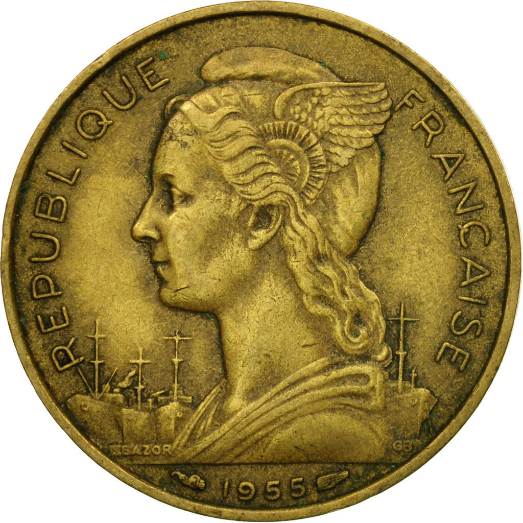Coin, Réunion, 20 Francs, 1955, EF(40-45), Aluminum-Bronze, KM:11
