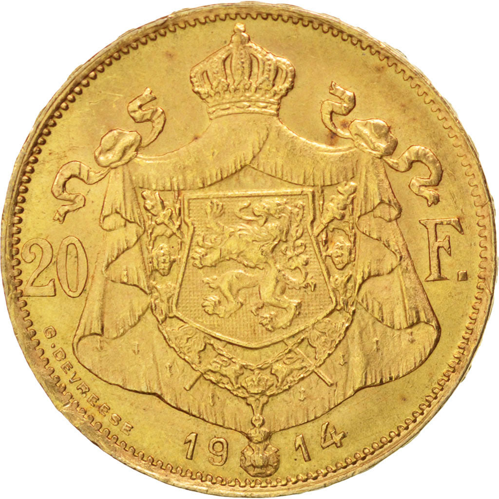 BELGIUM, 20 Francs, 20 Frank, 1914, KM #78, AU(55-58), Gold, 6.44