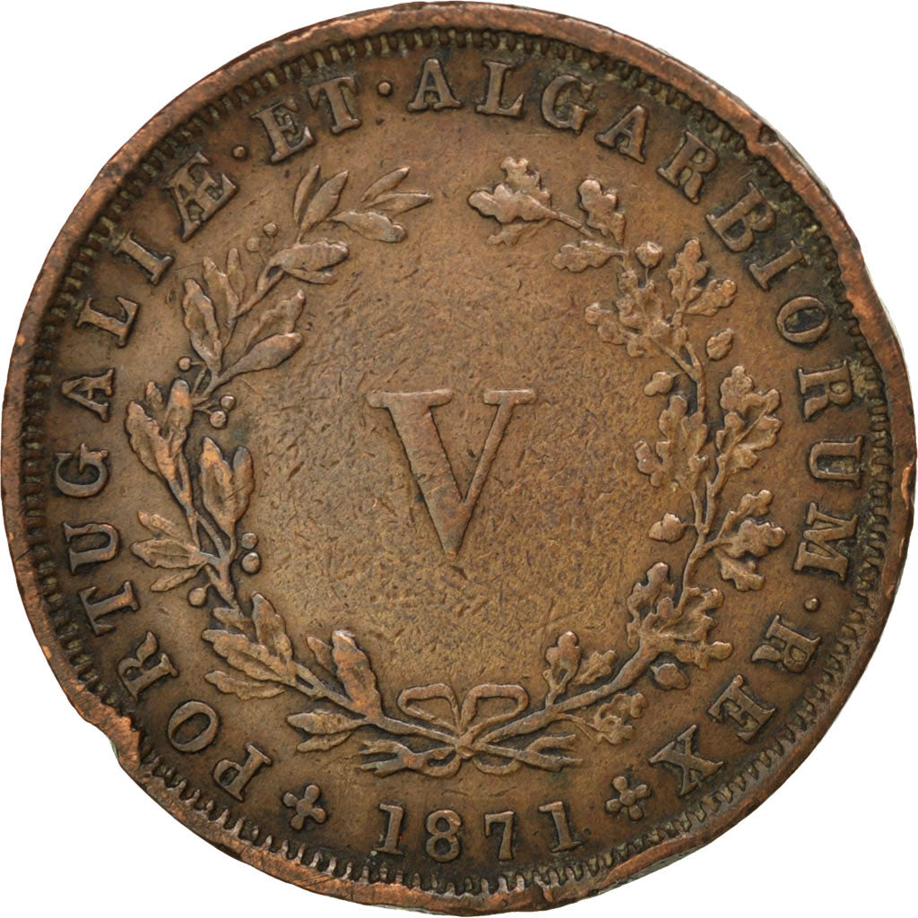 PORTUGAL, 5 Reis, 1871, KM #513, VF(30-35), Copper, 6.28