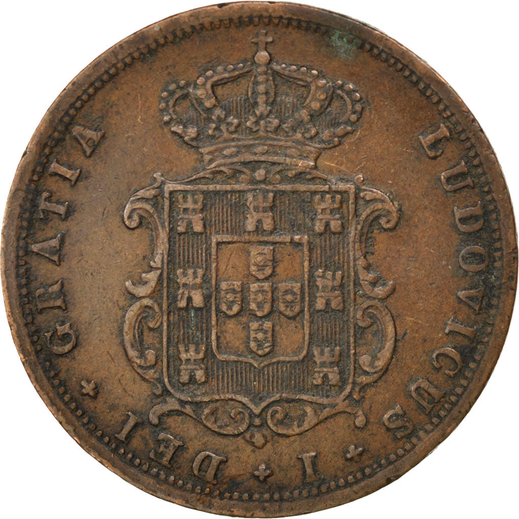 PORTUGAL, 5 Reis, 1875, KM #513, VF(30-35), Copper, 6.68