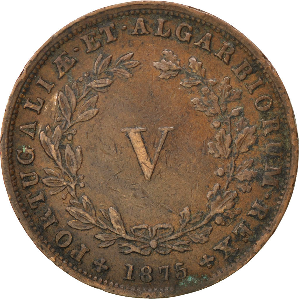 PORTUGAL, 5 Reis, 1875, KM #513, VF(30-35), Copper, 6.68