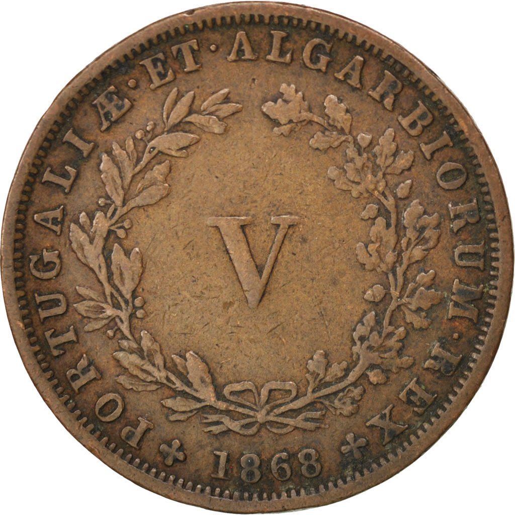 PORTUGAL, 5 Reis, 1868, KM #513, EF(40-45), Copper, 6.56