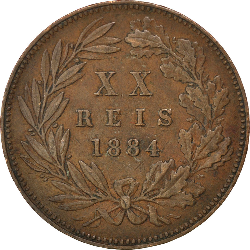 PORTUGAL, 20 Reis, 1884, KM #527, EF(40-45), Bronze, 30, 11.77
