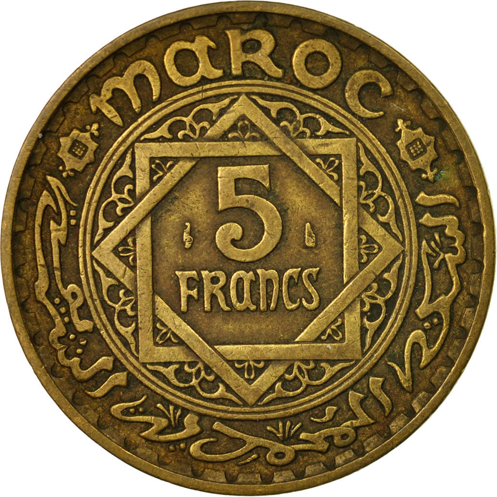 Coin, Morocco, Mohammed V, 5 Francs, 1945, Paris, EF(40-45), Aluminum-Bronze