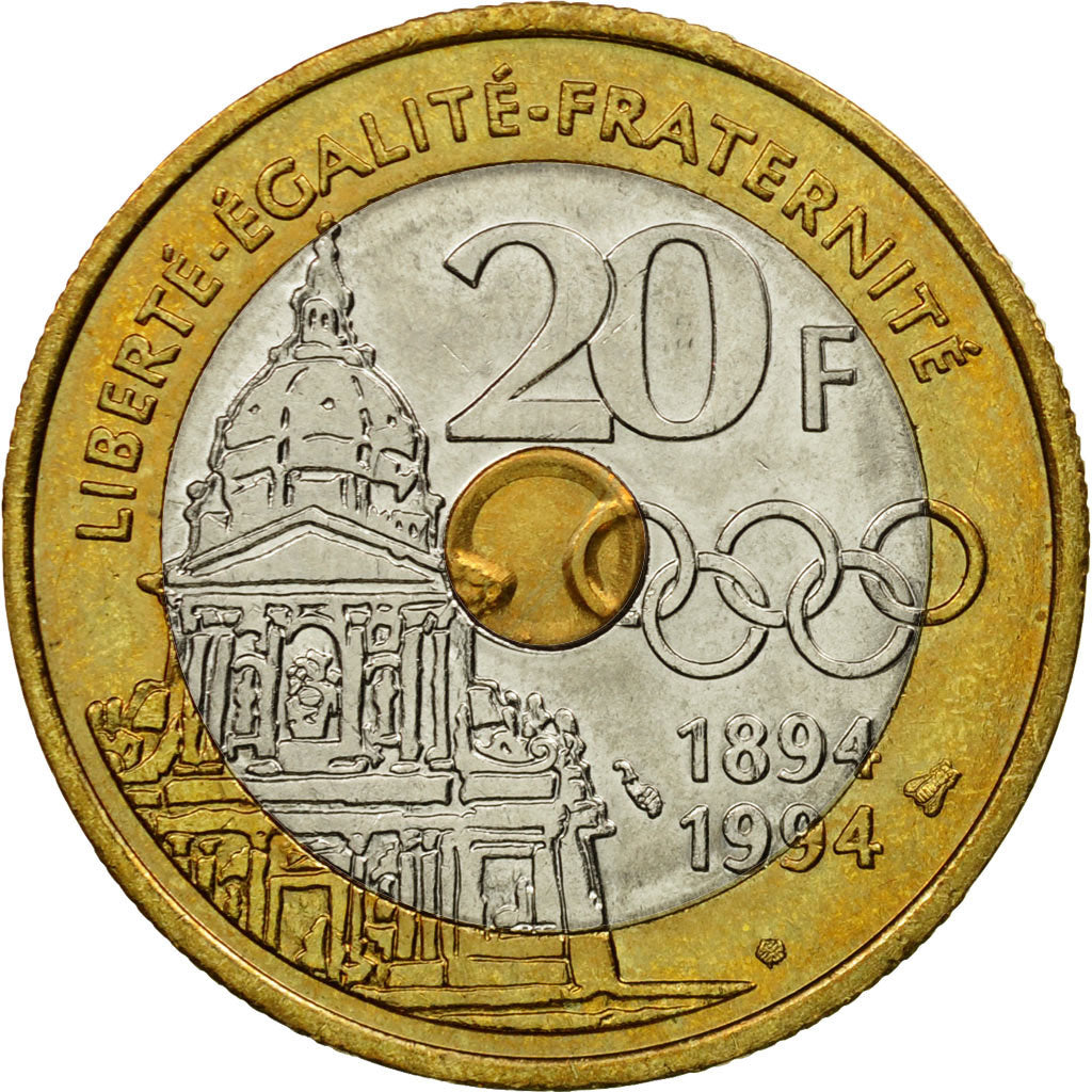 Coin, France, Pierre de Coubertin, 20 Francs, 1994, Paris, EF(40-45)