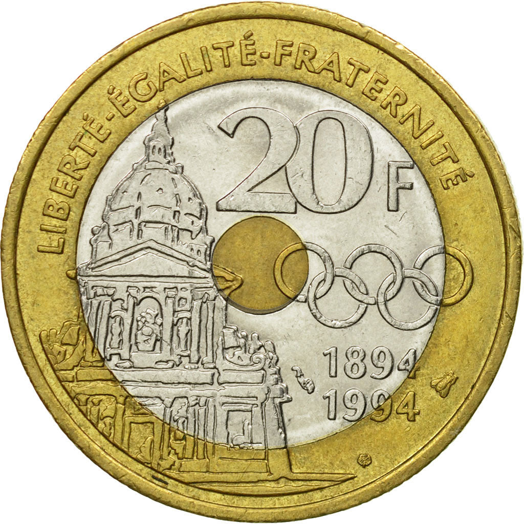 Coin, France, Pierre de Coubertin, 20 Francs, 1994, Paris, EF(40-45)