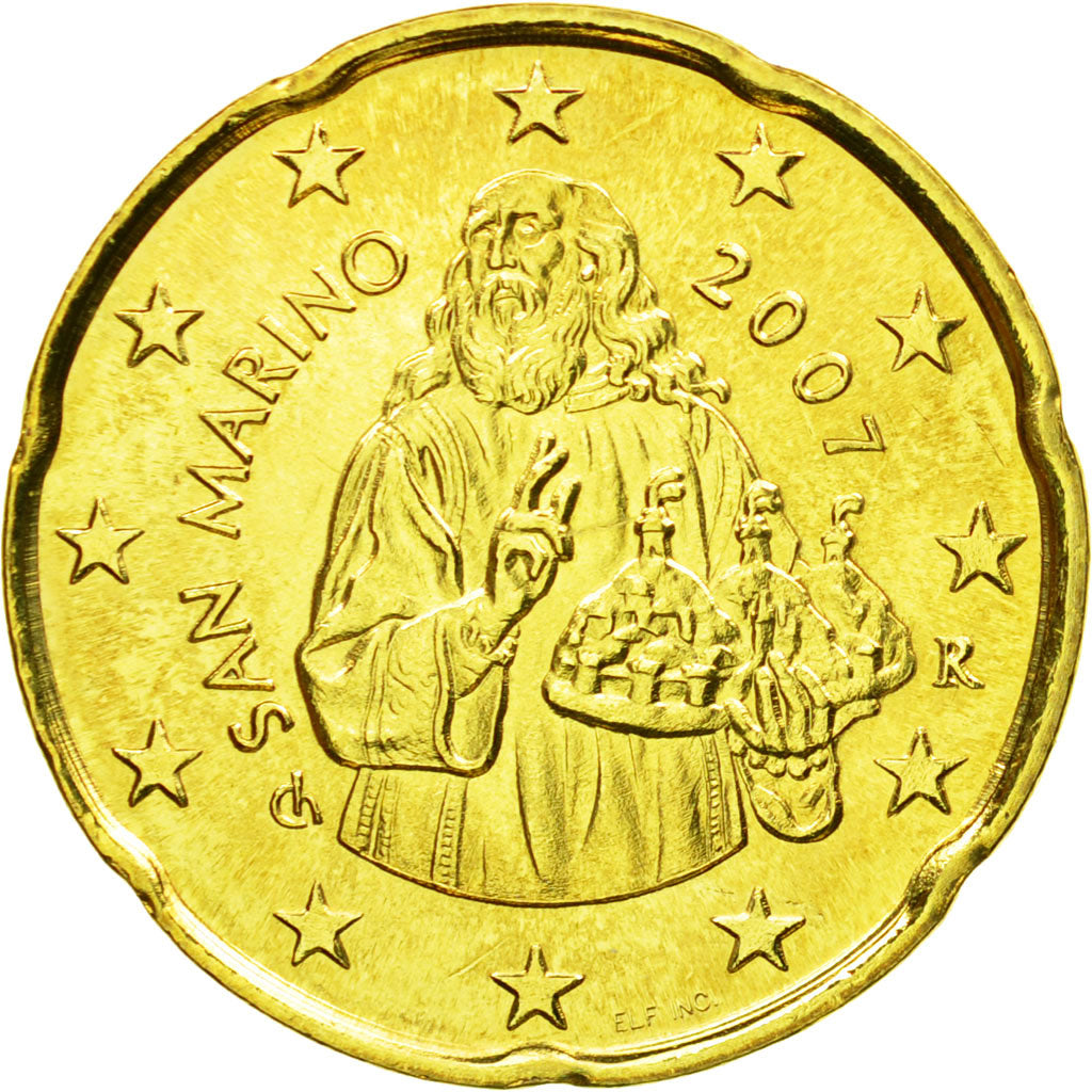 San Marino, 20 Euro Cent, 2007, MS(65-70), Brass, KM:444