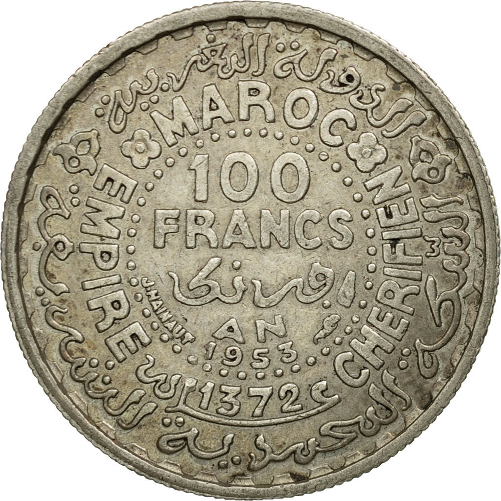 Coin, Morocco, Mohammed V, 100 Francs, 1953, Paris, EF(40-45), Silver, KM:52