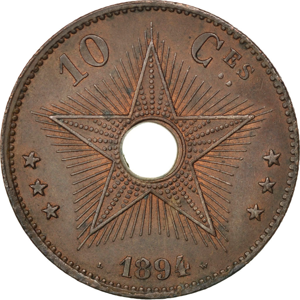 CONGO FREE STATE, 10 Centimes, 1894, KM #4, AU(55-58), Copper, 35, 20.61