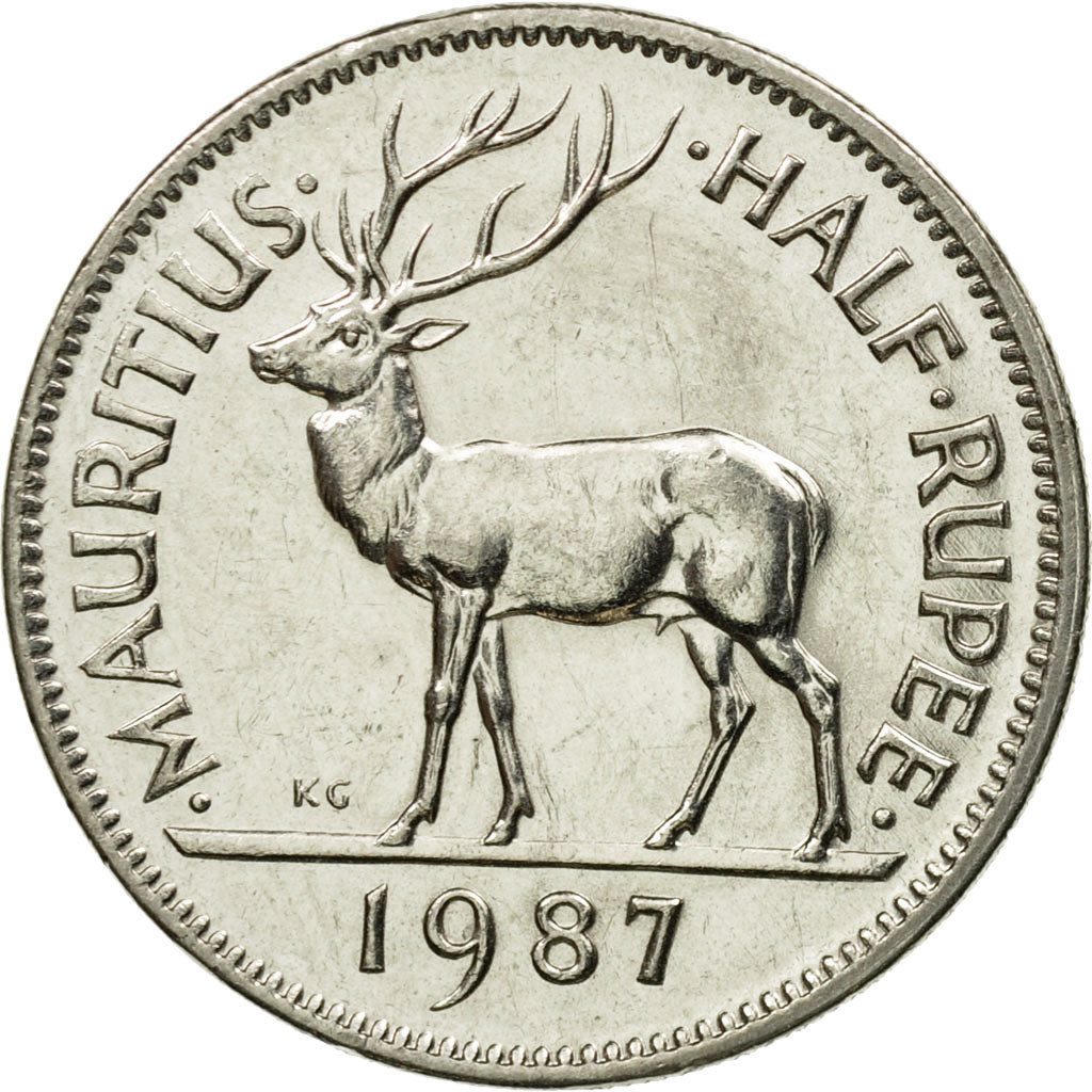 Coin, Mauritius, 1/2 Rupee, 1987, AU(55-58), Nickel plated steel, KM:54