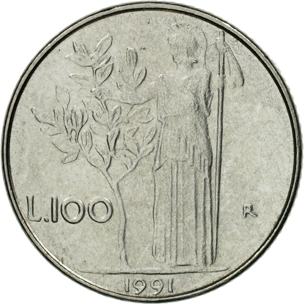 Coin, Italy, 100 Lire, 1991, Rome, AU(55-58), Stainless Steel, KM:96.2