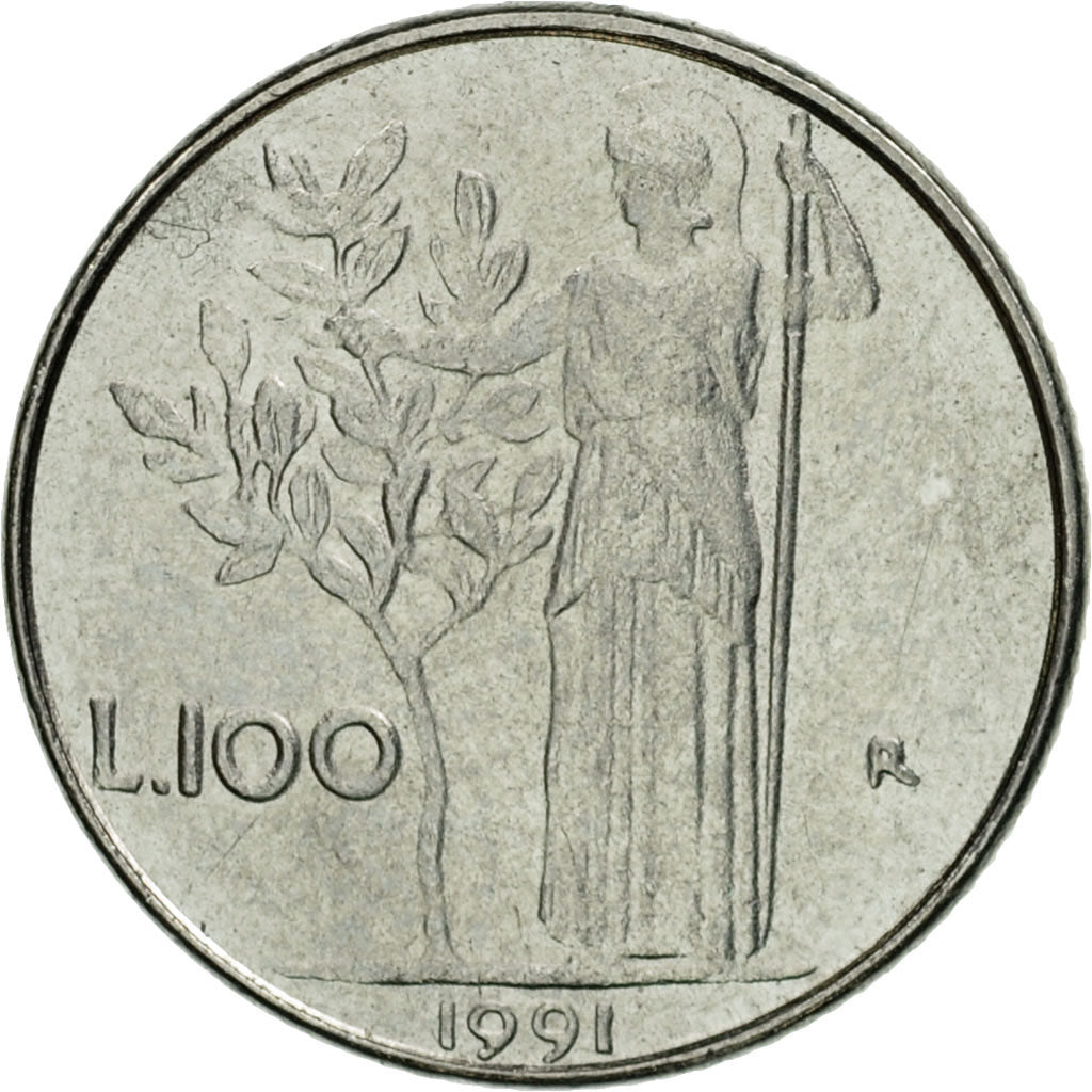 Coin, Italy, 100 Lire, 1991, Rome, AU(55-58), Stainless Steel, KM:96.2