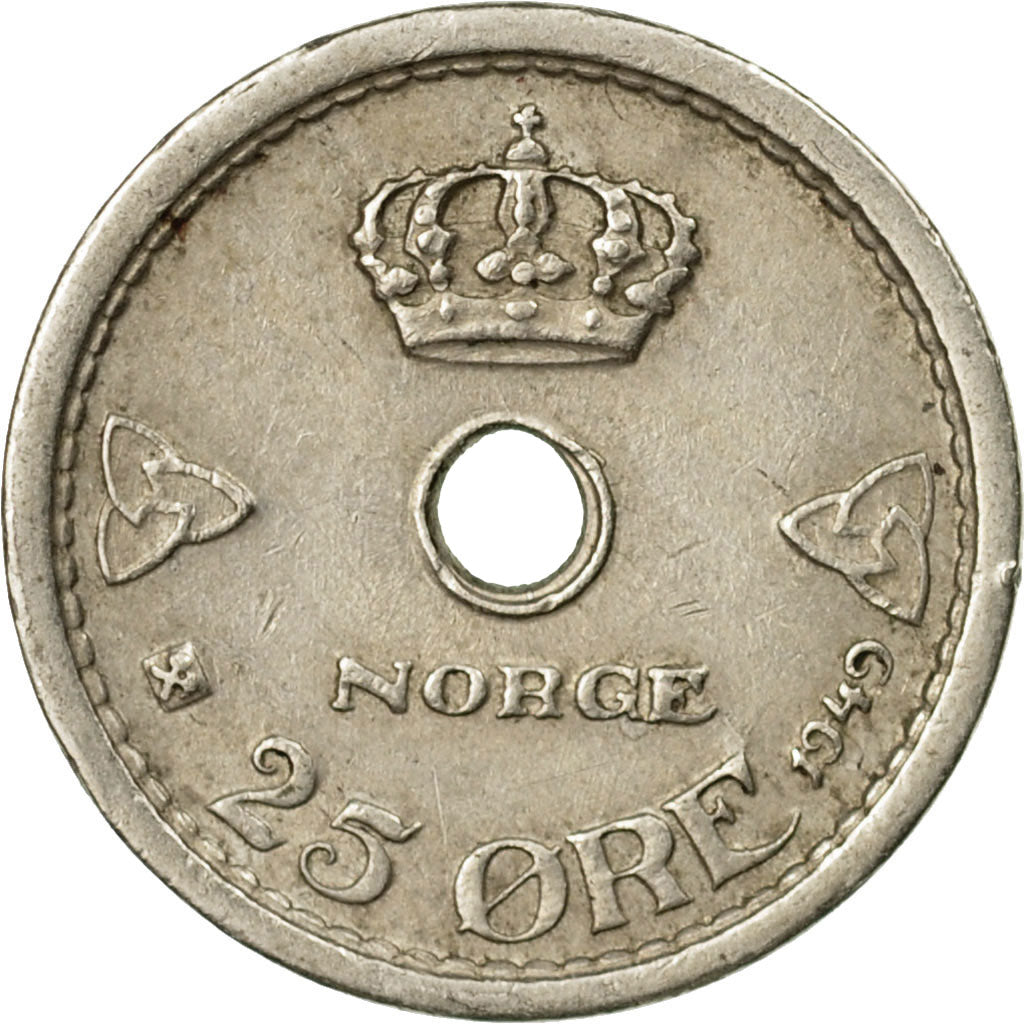 Coin, Norway, Haakon VII, 25 Öre, 1949, EF(40-45), Copper-nickel, KM:384