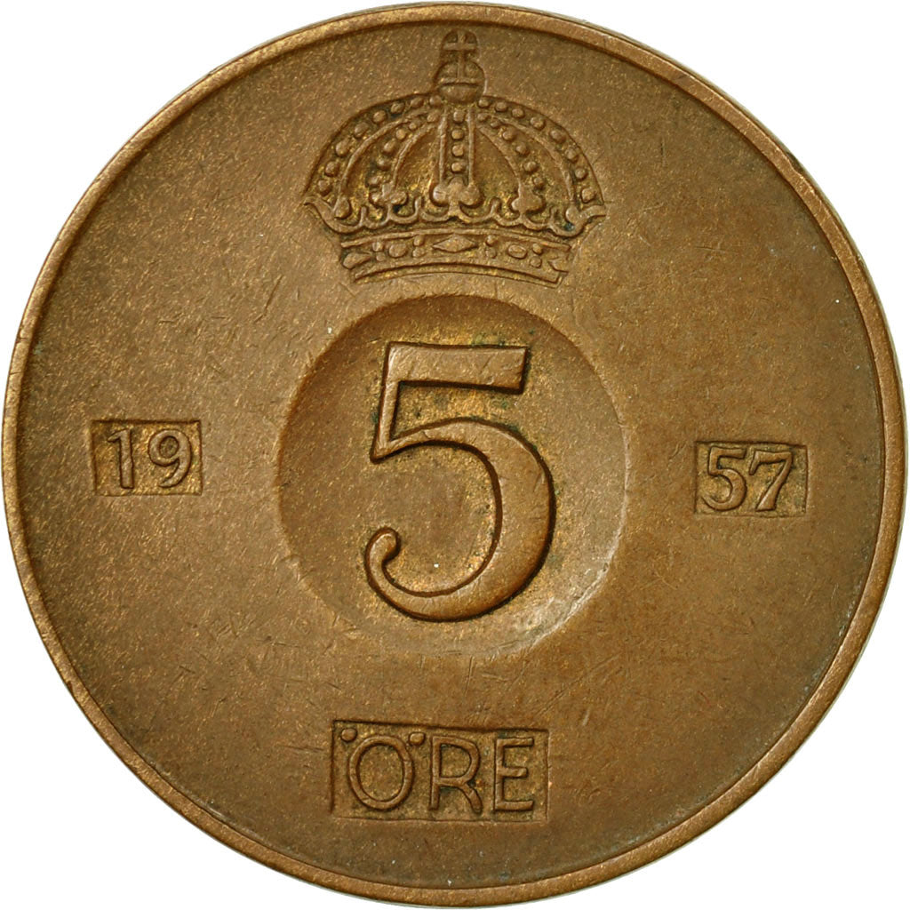 Coin, Sweden, Gustaf VI, 5 Öre, 1957, EF(40-45), Bronze, KM:822