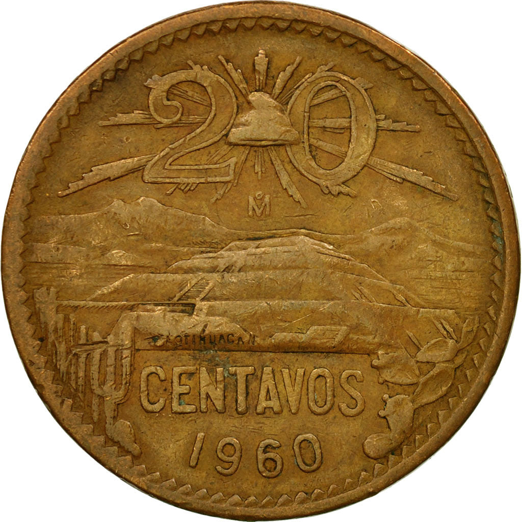 Coin, Mexico, 20 Centavos, 1960, Mexico City, EF(40-45), Bronze, KM:440