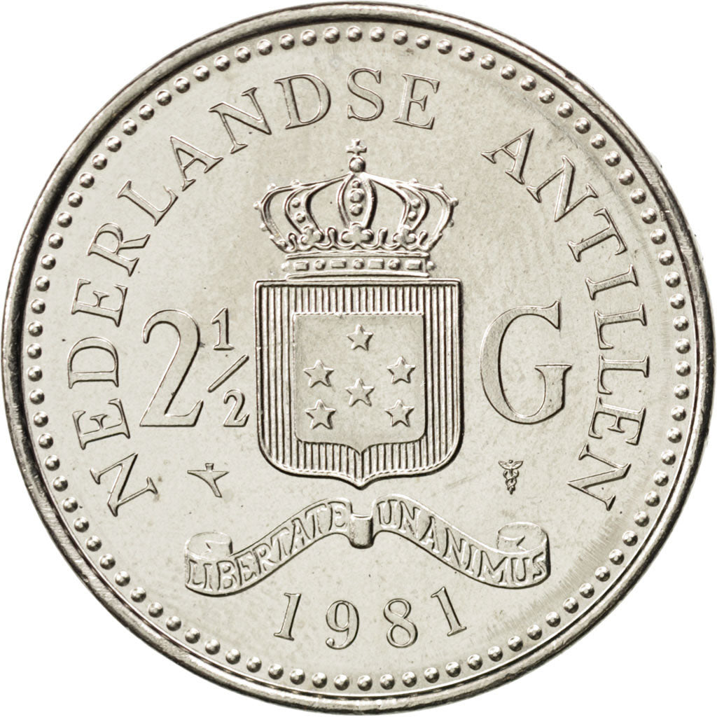NETHERLANDS ANTILLES, 2-1/2 Gulden, 1981, KM #25, MS(63), Nickel, 32, 13.96
