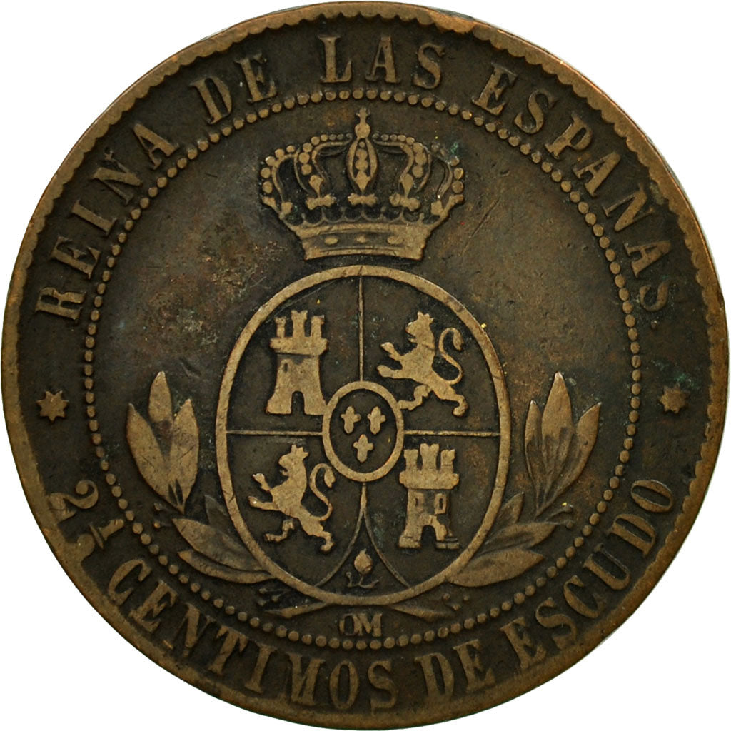 Coin, Spain, Isabel II, 2-1/2 Centimos, 1867, Madrid, VF(20-25), Copper