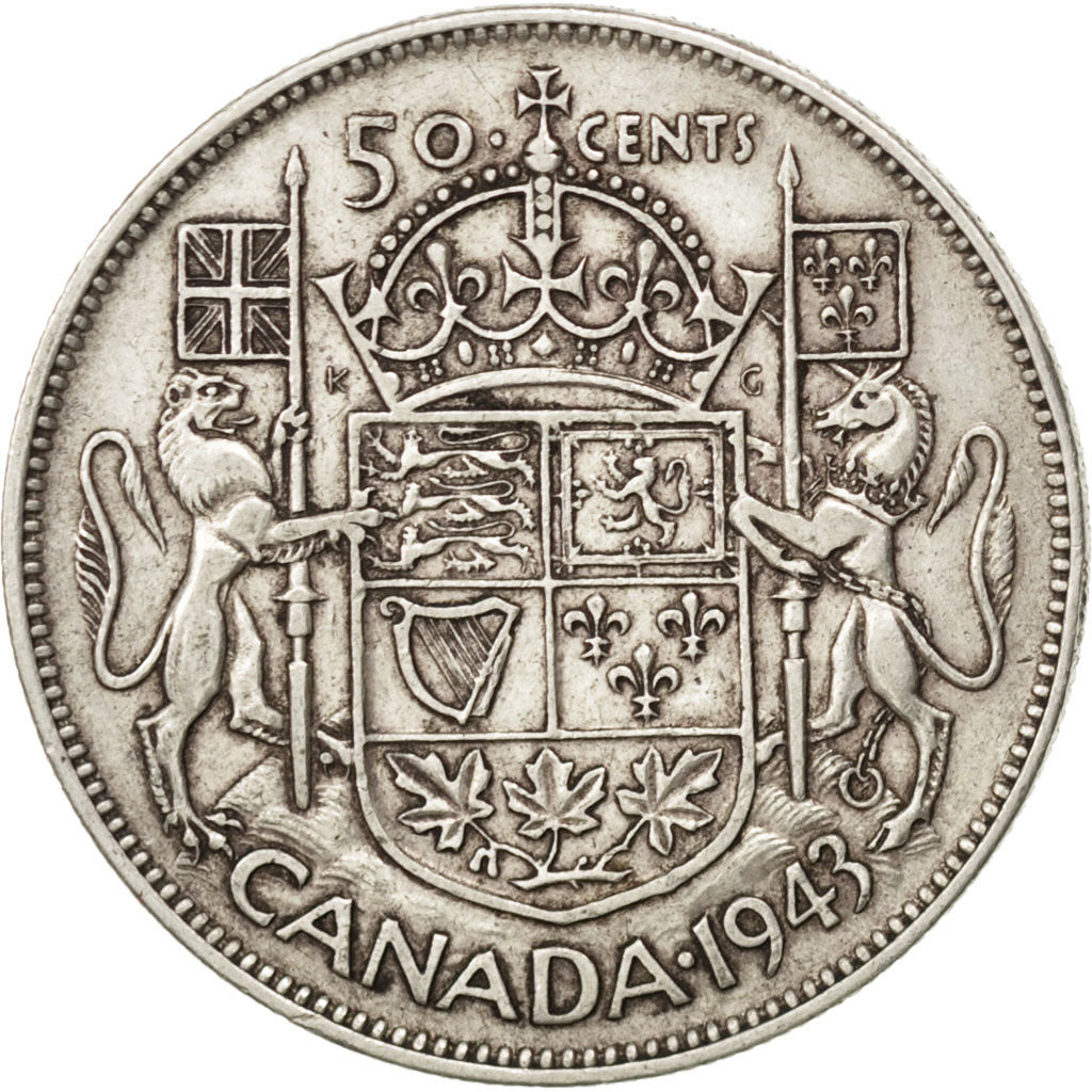 CANADA, 50 Cents, 1943, Royal Canadian Mint, KM #36, EF(40-45), Silver, 29.72,..